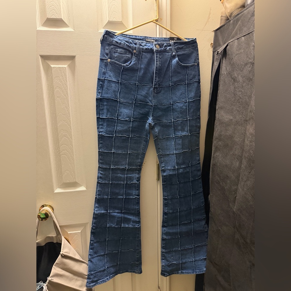 Fashion Nova Blue Flare Jeans with Grid Pattern